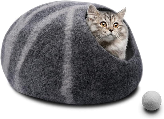 Wool Cat Cave Bed，Premium Felt Cat Covered Cave，Large Cat Nest Bed for Indoor Cats and Kittens,Cat House with Wool Ball,Handmade 100% Natural Eco-Friendly Merino Wool Cat Sleep Bed