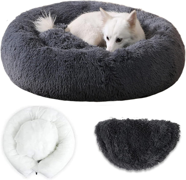 Donut Dog Bed,Anti - Anxiety Calming round Pet Bed for Dog Cat,Washable Faux Fur Dog Beds& Furniture for Small Medium Large Dogs Cats(General Style) (Medium - 32, Grey) - Form&Fur