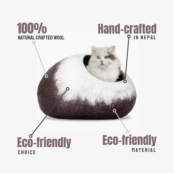 Handcrafted Felted Wool Cat Cave Bed for Cat and Kittens - Felted from 100% Natural Wool (Coffee Petals) - Form&Fur